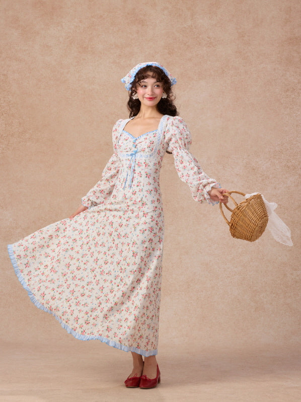 Blue Ribbon Vintage Floral Long Dress – Cottagecore Fairycore