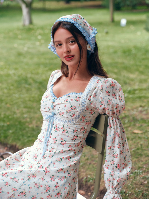 Blue Ribbon Vintage Floral Long Dress – Cottagecore Fairycore