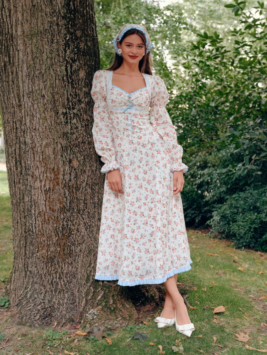 Blue Ribbon Vintage Floral Long Dress – Cottagecore Fairycore