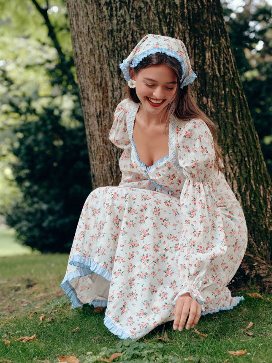 Blue Ribbon Vintage Floral Long Dress – Cottagecore Fairycore