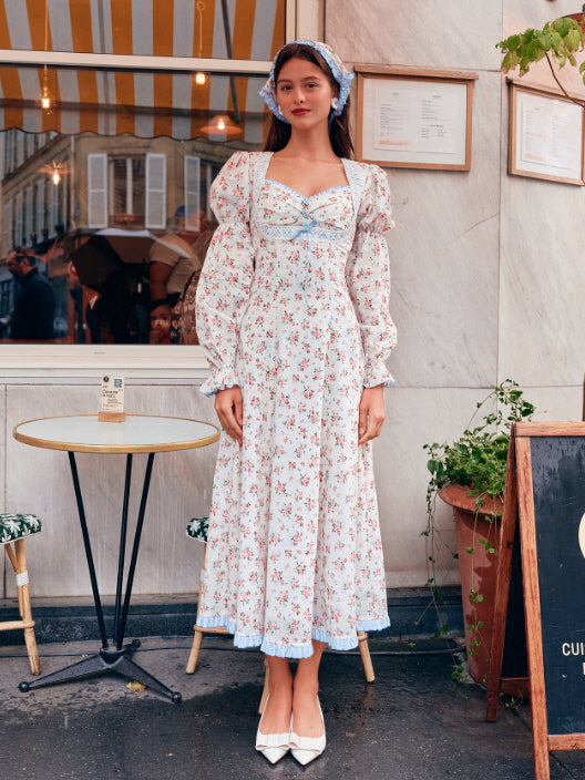 Blue Ribbon Vintage Floral Long Dress – Cottagecore Fairycore
