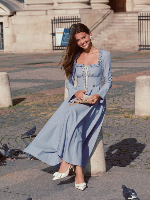 Blue Lace Corset Ruffle Dress