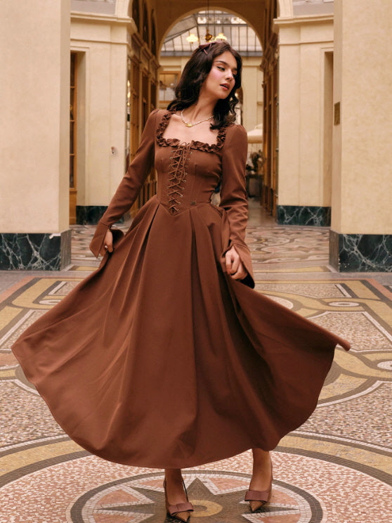 Mocha Lace Corset Ruffle Dress – Vintage Charm | Cottagecore