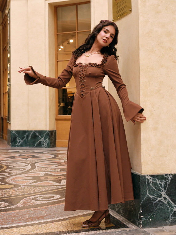 Mocha Lace Corset Ruffle Dress