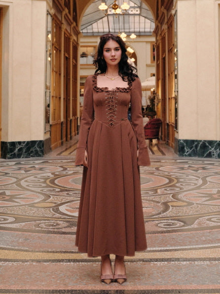 Mocha Lace Corset Ruffle Dress