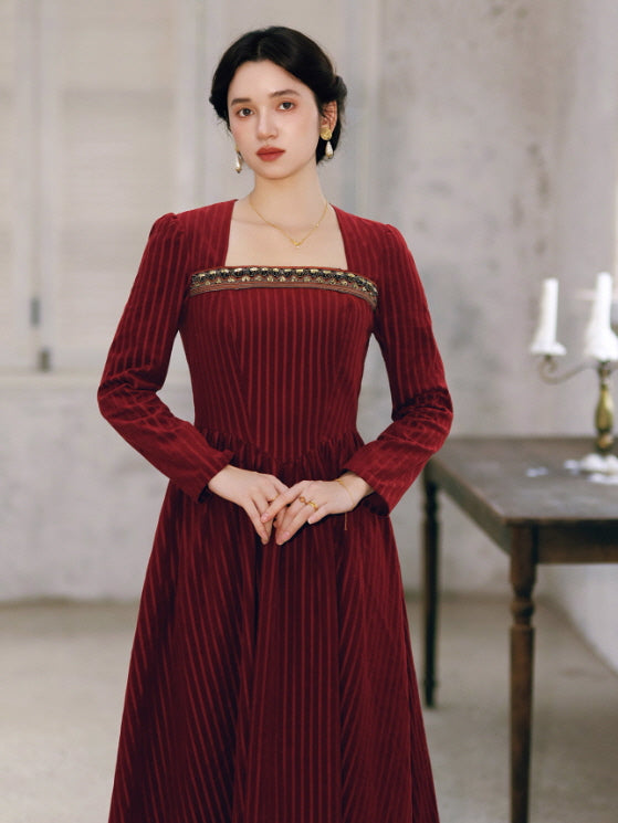 Crimson Velvet Embroidered Renaissance Dress