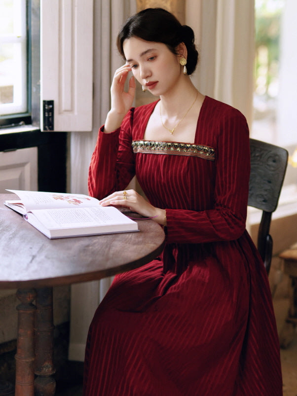 Crimson Velvet Embroidered Renaissance Dress