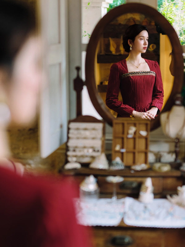 Crimson Velvet Embroidered Renaissance Dress