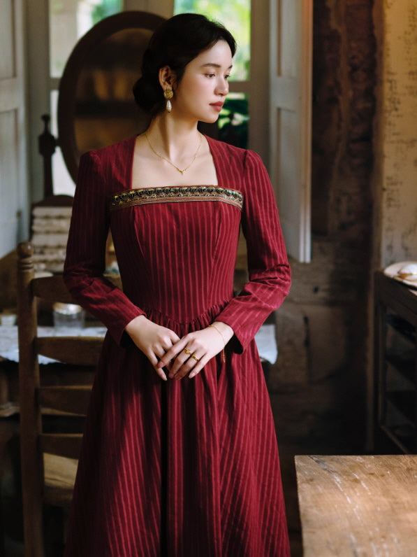 Crimson Velvet Embroidered Renaissance Dress