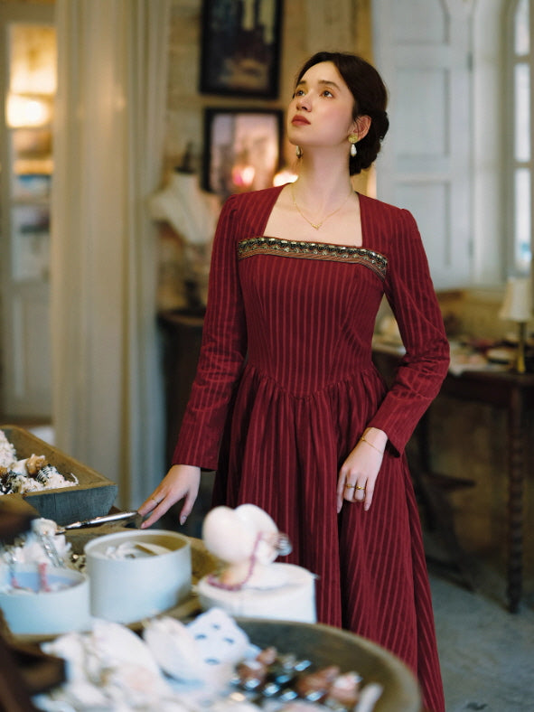 Crimson Velvet Embroidered Renaissance Dress