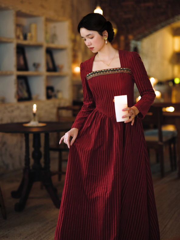 Crimson Velvet Embroidered Renaissance Dress