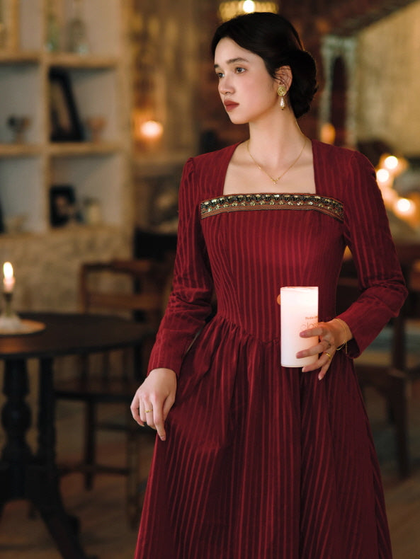 Crimson Velvet Embroidered Renaissance Dress