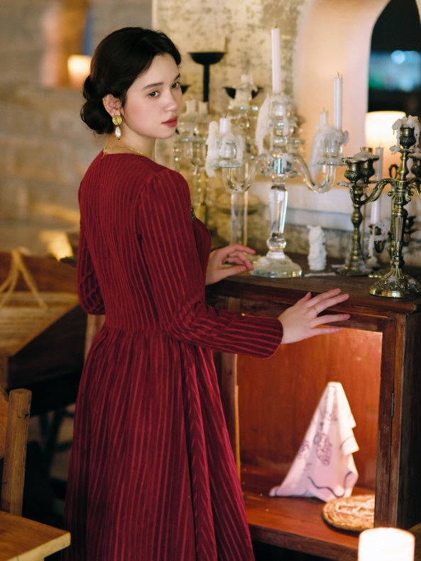 Crimson Velvet Embroidered Renaissance Dress