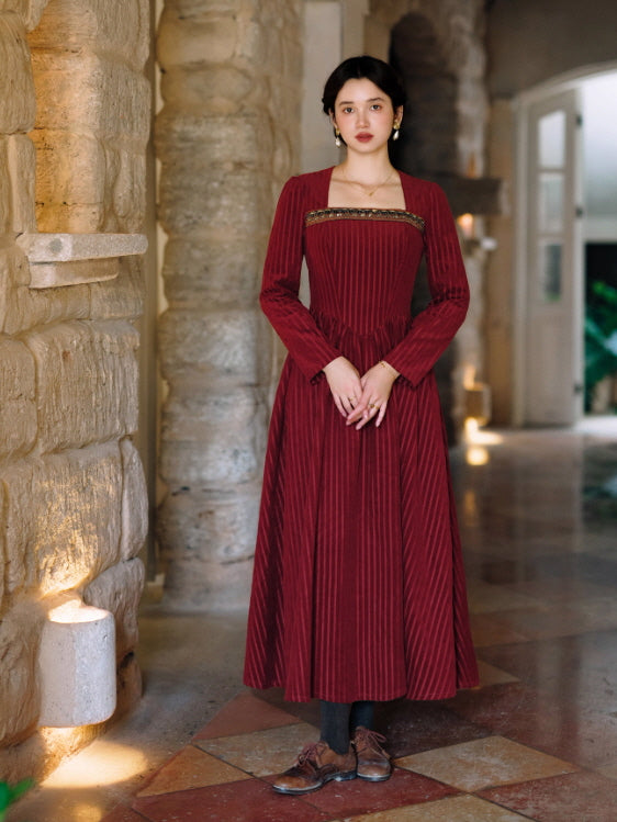 Crimson Velvet Embroidered Renaissance Dress