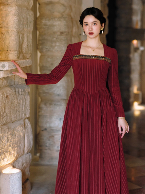Crimson Velvet Embroidered Renaissance Dress