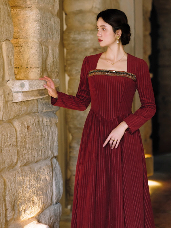 Crimson Velvet Embroidered Renaissance Dress