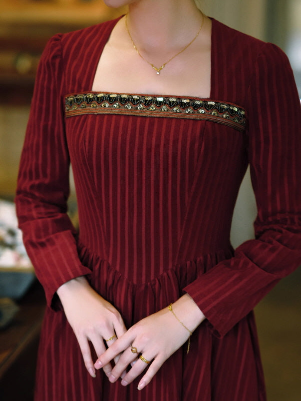 Crimson Velvet Embroidered Renaissance Dress
