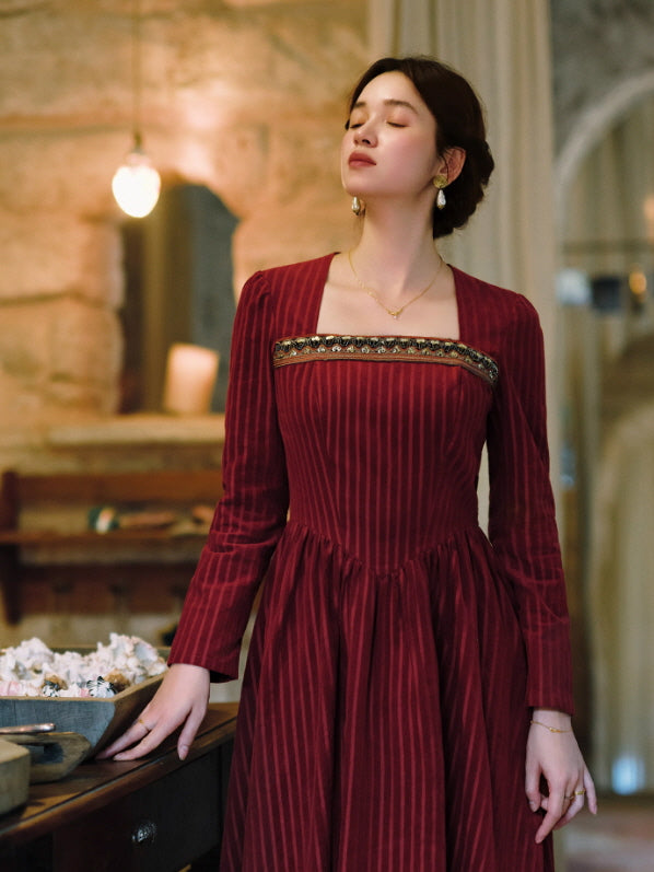 Crimson Velvet Embroidered Renaissance Dress