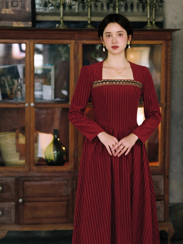 Crimson Velvet Embroidered Renaissance Dress
