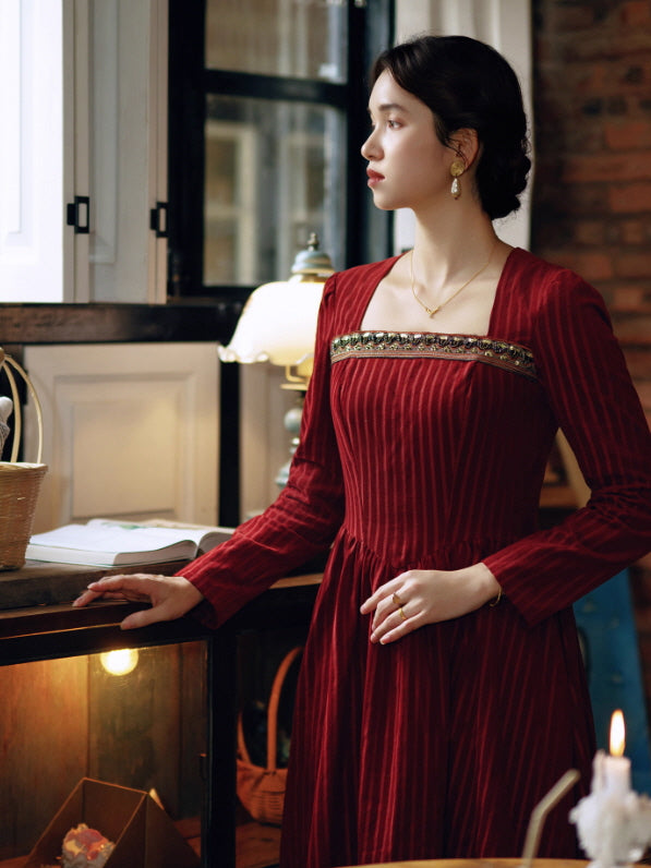 Crimson Velvet Embroidered Renaissance Dress