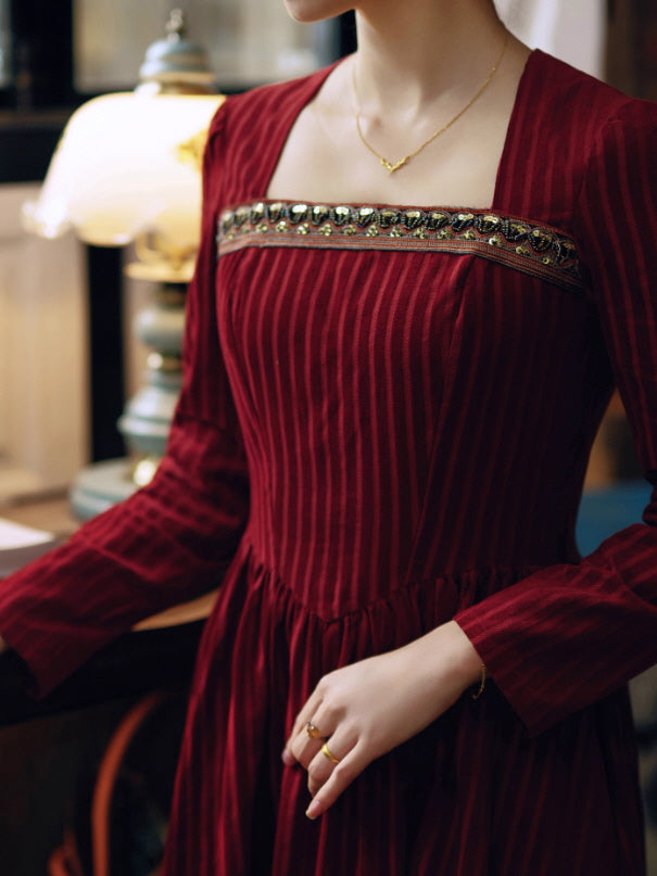 Crimson Velvet Embroidered Renaissance Dress