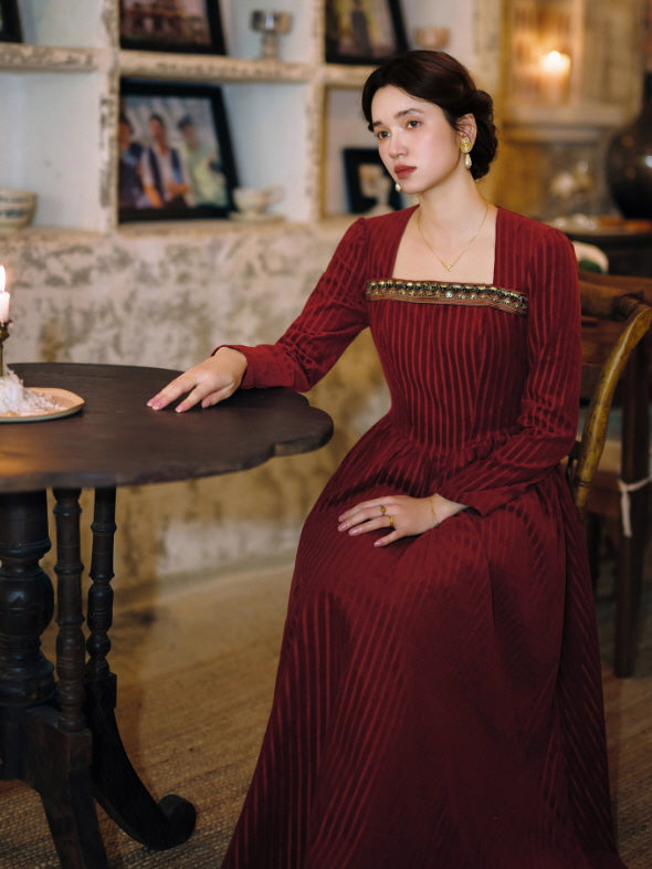 Crimson Velvet Embroidered Renaissance Dress