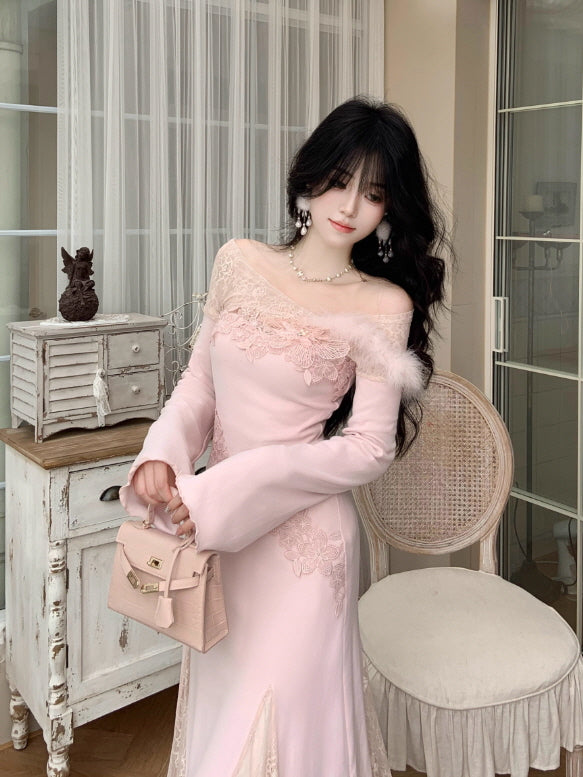Rose Elegance Off-Shoulder Lace Dress