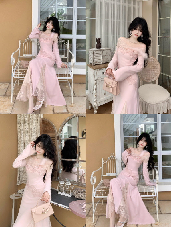 Rose Elegance Off-Shoulder Lace Dress