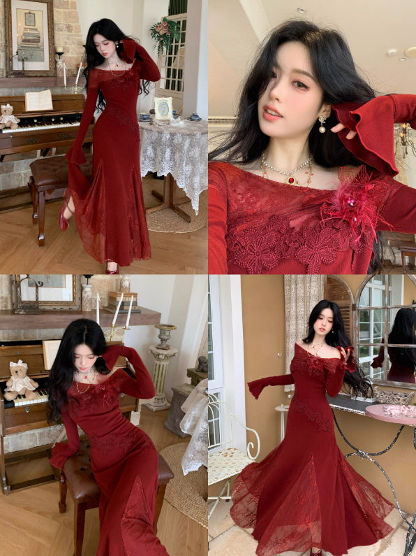 Rose Elegance Off-Shoulder Lace Dress