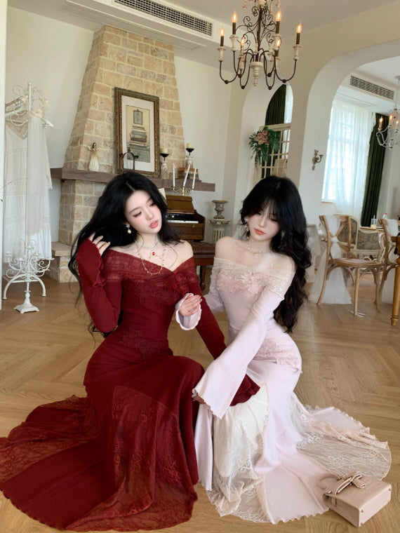 Rose Elegance Off-Shoulder Lace Dress