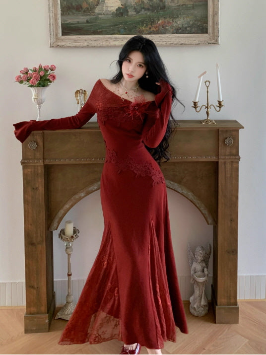 Rose Elegance Off-Shoulder Lace Dress