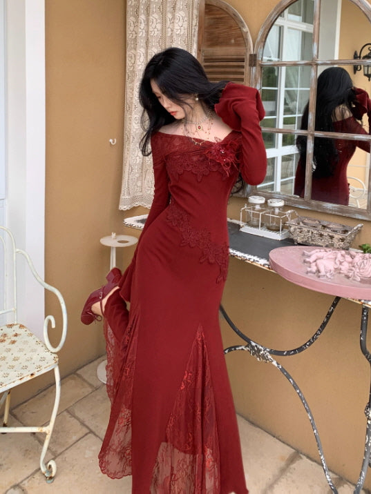 Rose Elegance Off-Shoulder Lace Dress