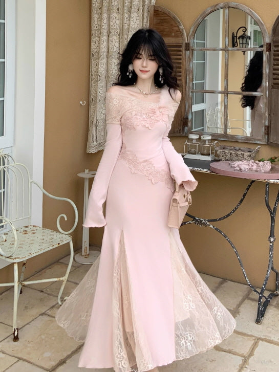 Rose Elegance Off-Shoulder Lace Dress