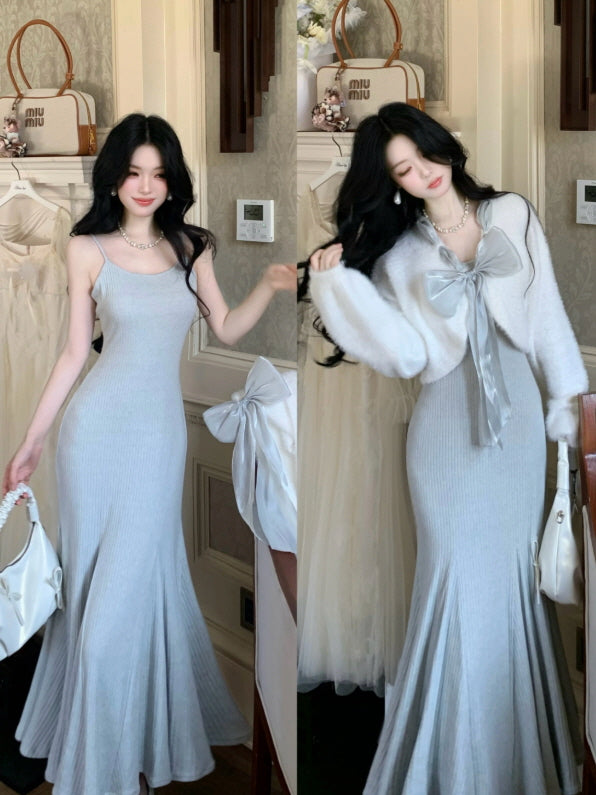 Frosted Ribbon Knit Dress & Cardigan