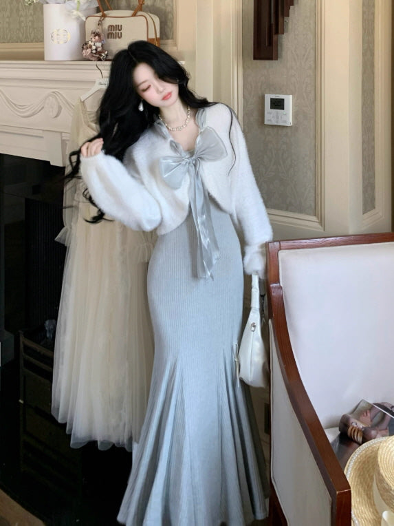 Frosted Ribbon Knit Dress & Cardigan