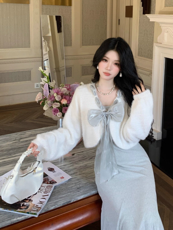 Frosted Ribbon Knit Dress & Cardigan