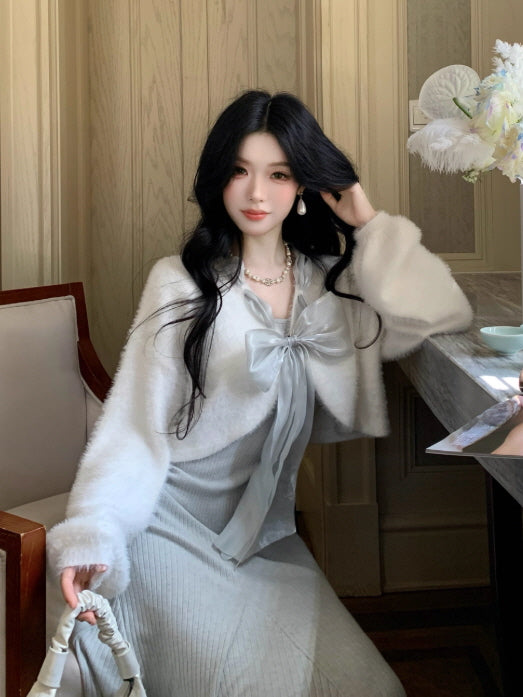Frosted Ribbon Knit Dress & Cardigan