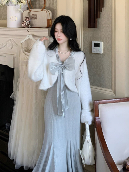 Frosted Ribbon Knit Dress & Cardigan