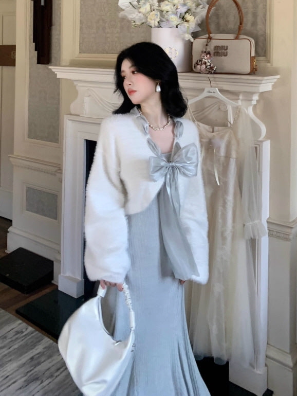 Frosted Ribbon Knit Dress & Cardigan