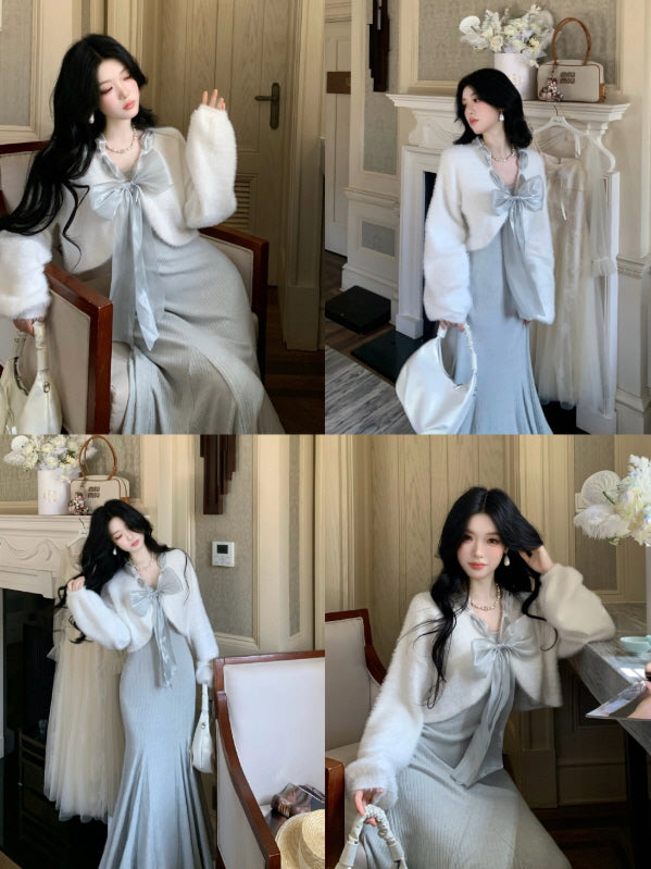 Frosted Ribbon Knit Dress & Cardigan