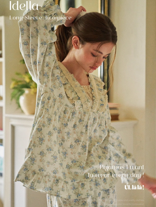 Blue Garden Lace Ruffle Pajama Set