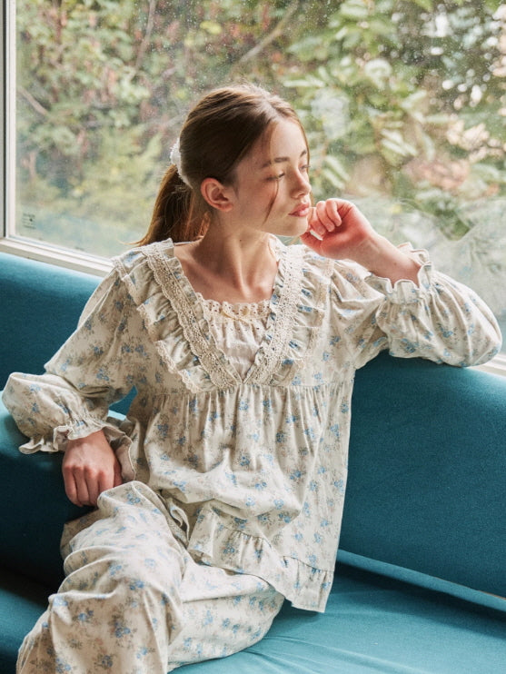 Blue Garden Lace Ruffle Pajama Set
