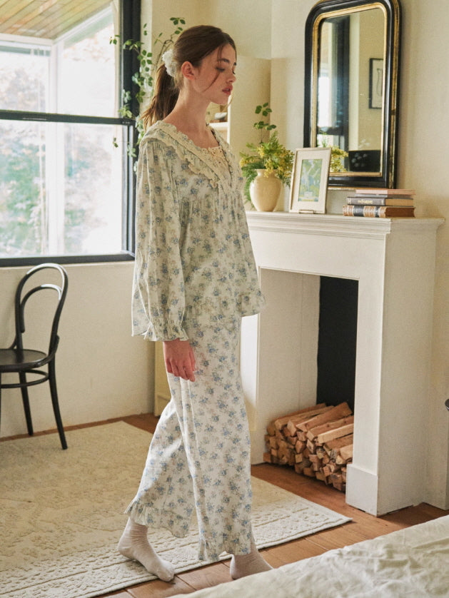 Blue Garden Lace Ruffle Pajama Set