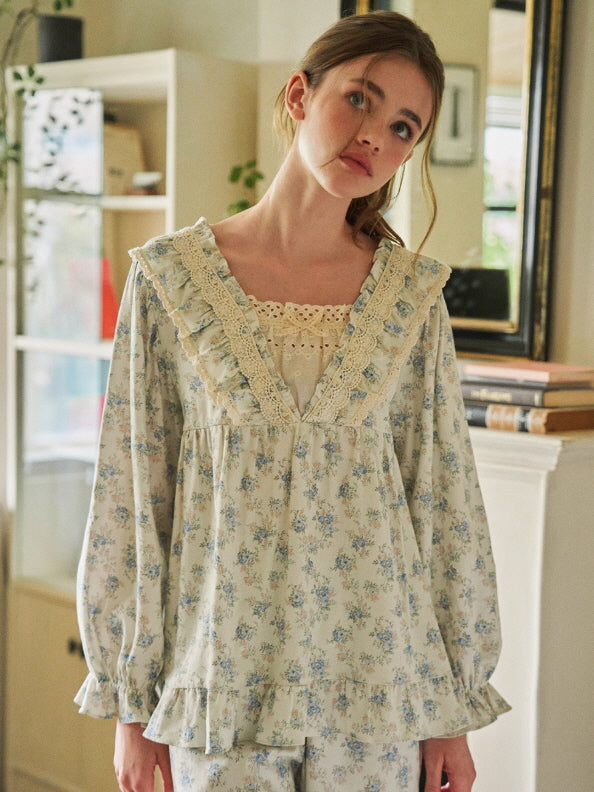 Blue Garden Lace Ruffle Pajama Set