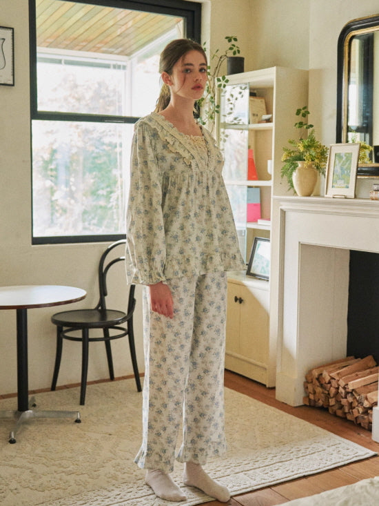 Blue Garden Lace Ruffle Pajama Set