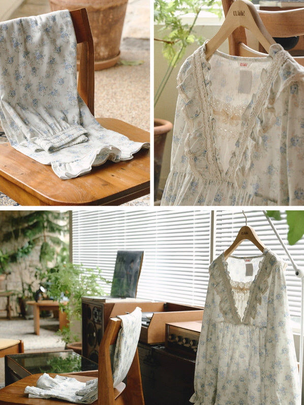 Blue Garden Lace Ruffle Pajama Set