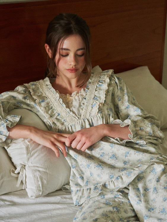 Blue Garden Lace Ruffle Pajama Set