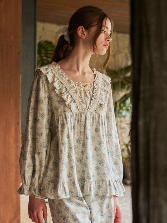 Blue Garden Lace Ruffle Pajama Set