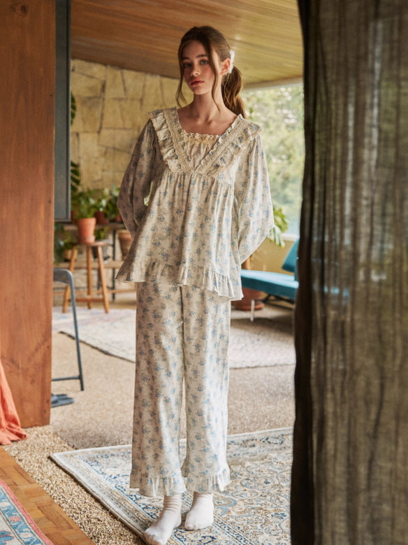 Blue Garden Lace Ruffle Pajama Set
