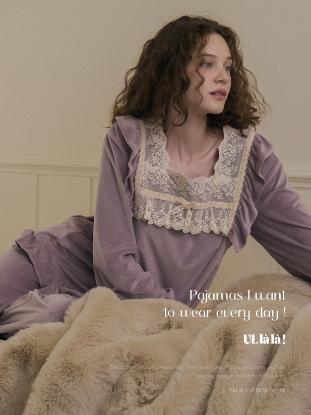 Lavender Velvet Lace Ruffle Loungewear Set